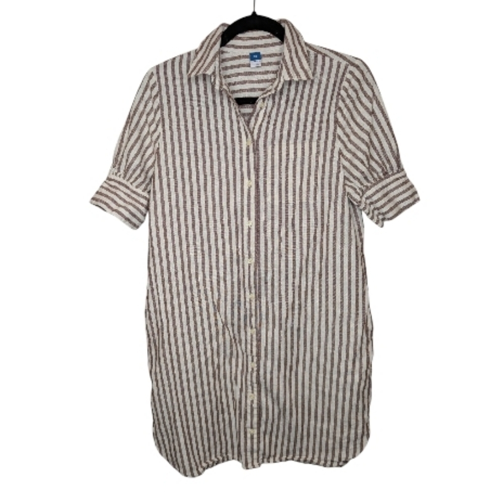 Old Navy Women’s XS Brown & Cream Linen-Blend Striped Button-Down Shirt Dress